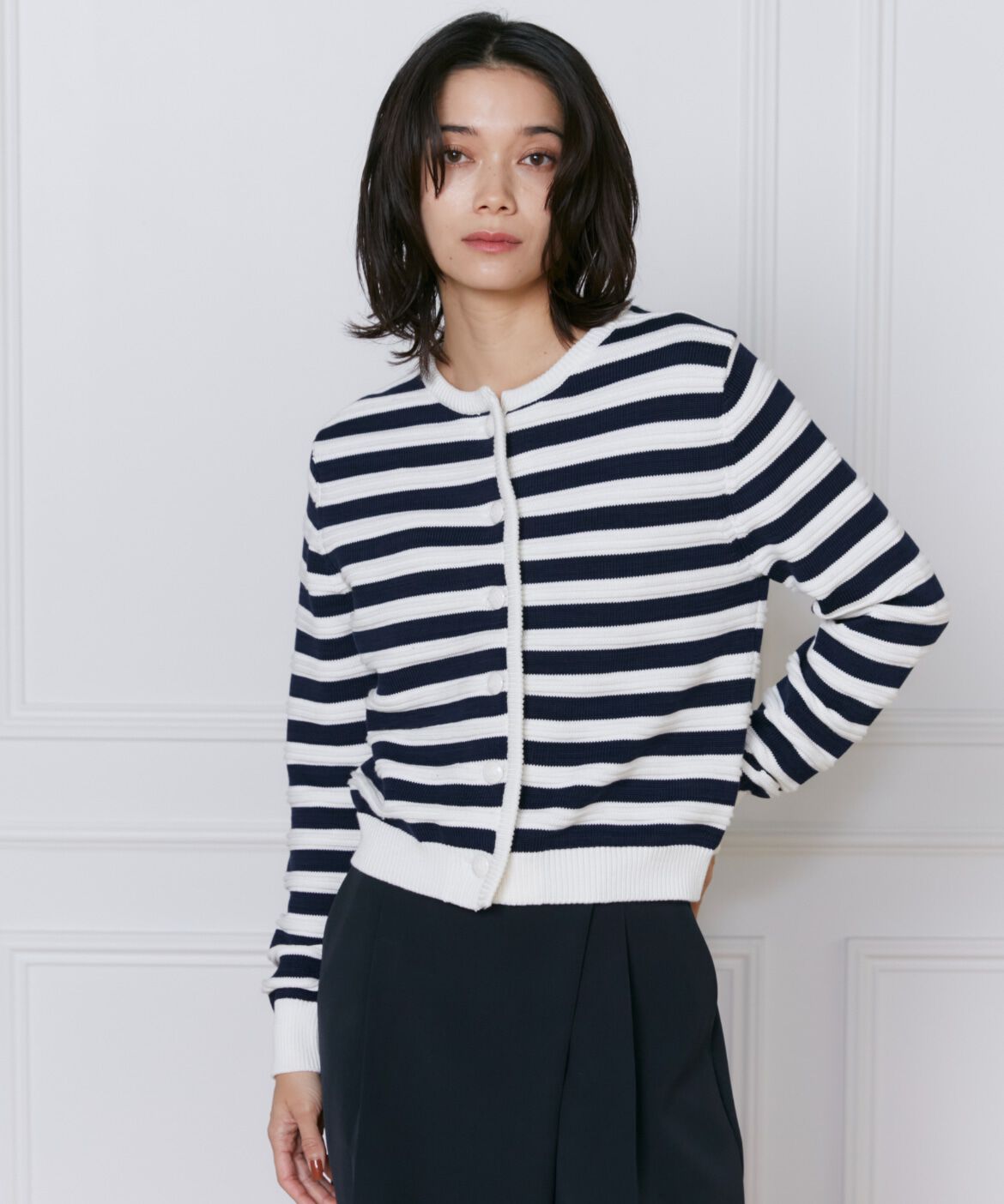 INED「《大きいサイズ》ボーダー柄カーディガン」|カーディガン|