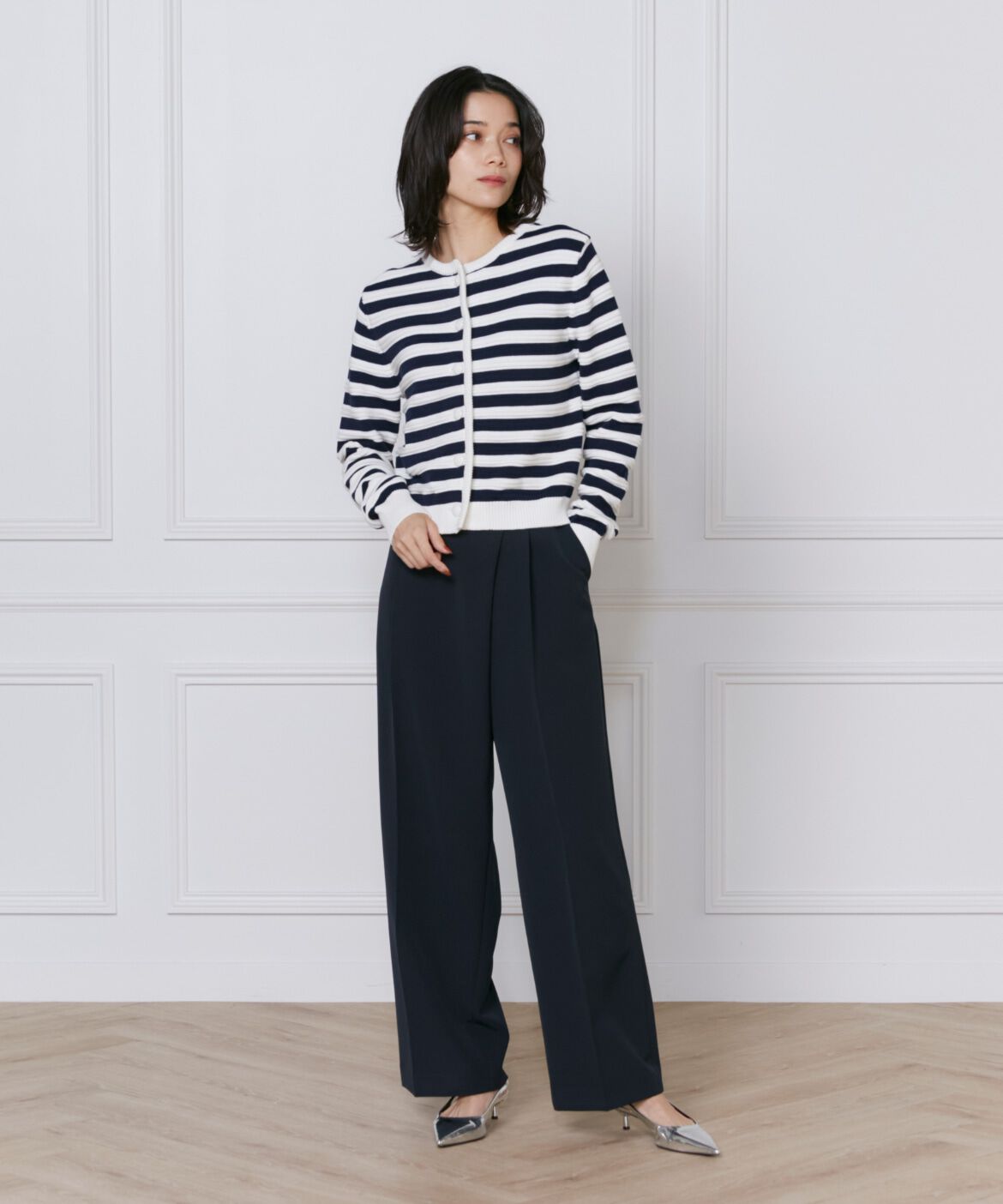 INED「《大きいサイズ》ボーダー柄カーディガン」|カーディガン|