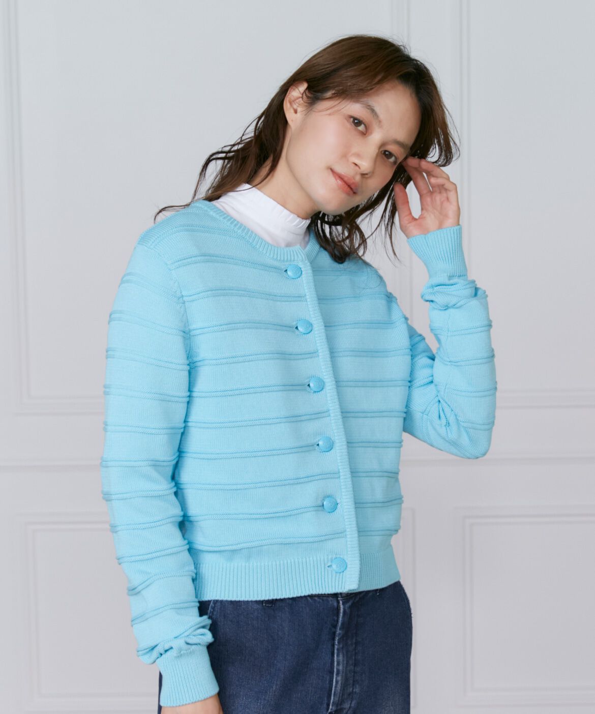 INED「《大きいサイズ》ボーダー柄カーディガン」|カーディガン|ブルー1