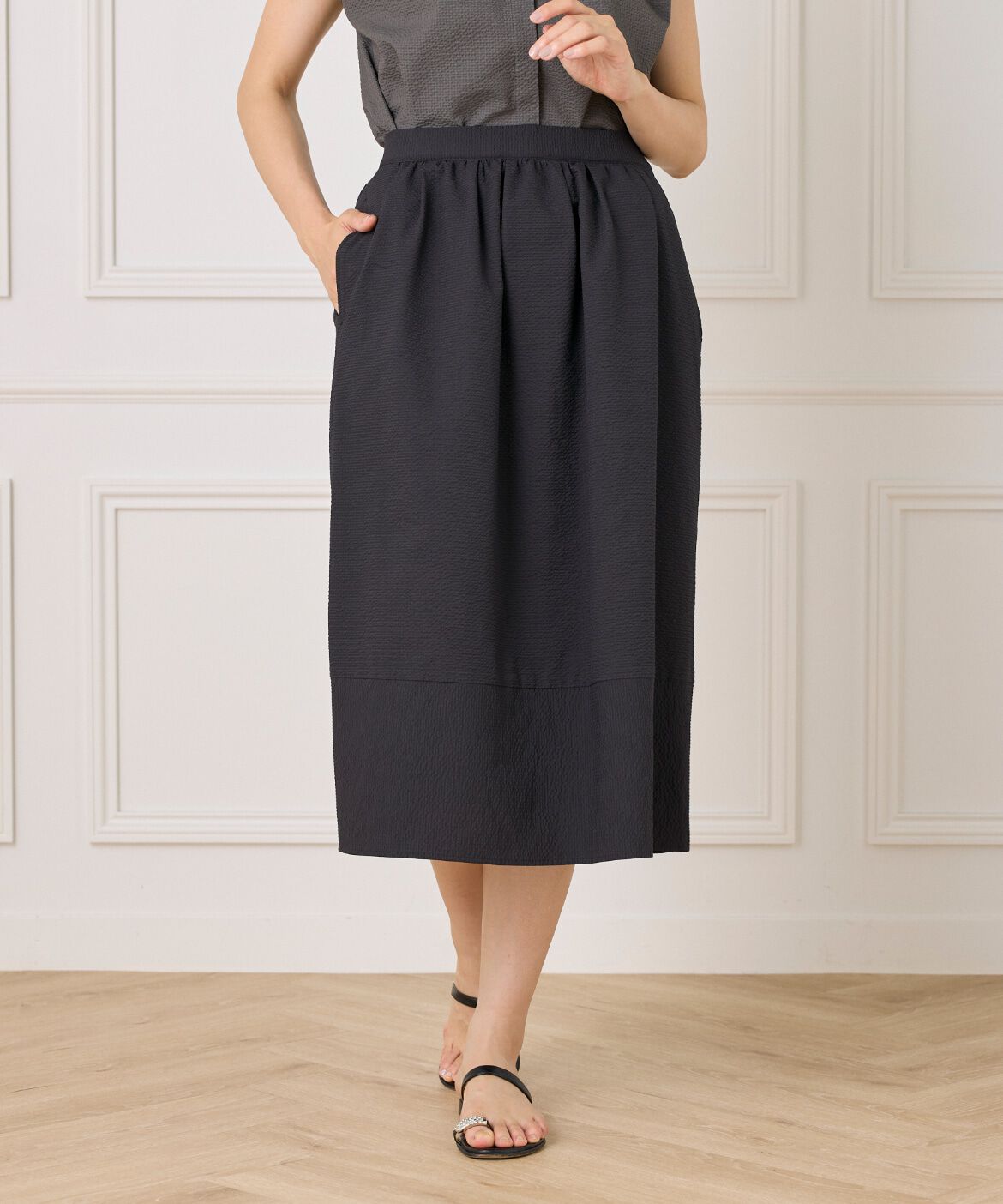 7-IDconcept.「サッカーチェック 切り替えギャザースカート」|台形|ブラック