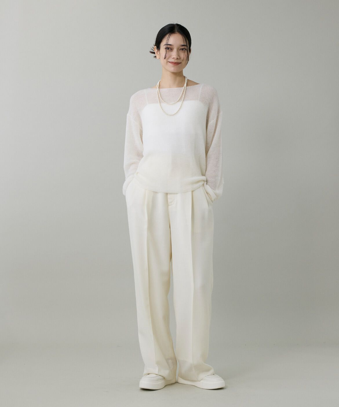 INED「《大きいサイズ》アルパカ混 片畦ボートネックプルオーバー」|ニット・セーター|