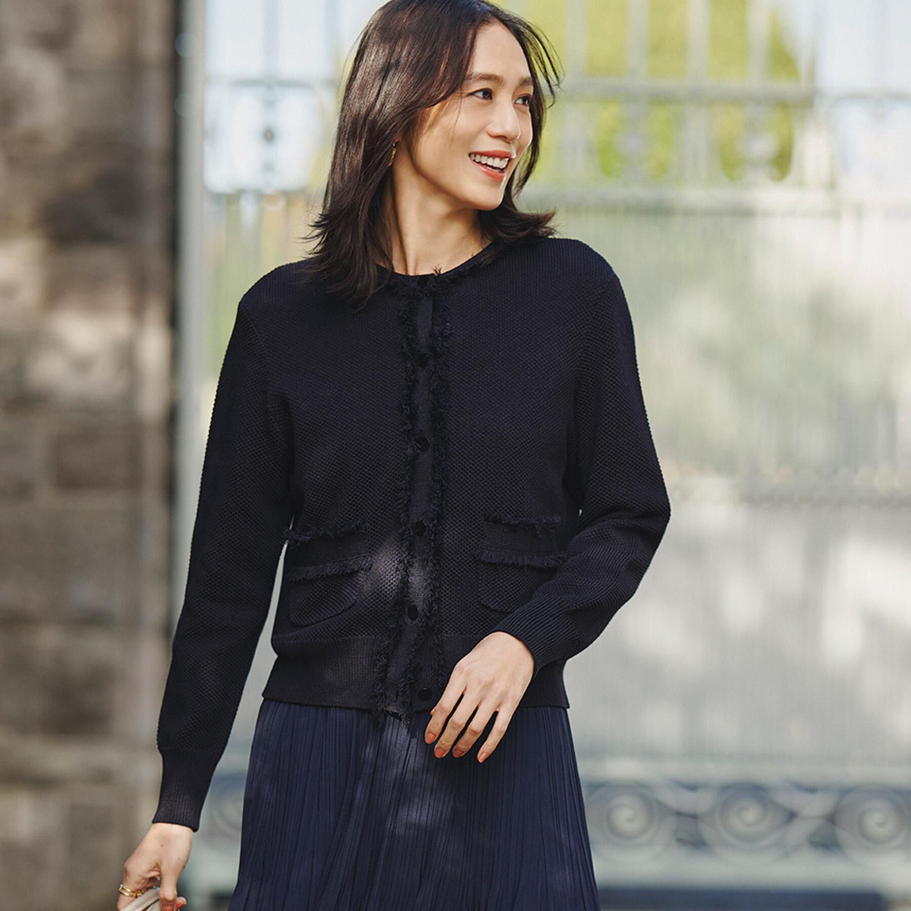 UNTITLED「【洗える/ジャケット風】ツイードニットカーディガン」|カーディガン|ネイビー(094)