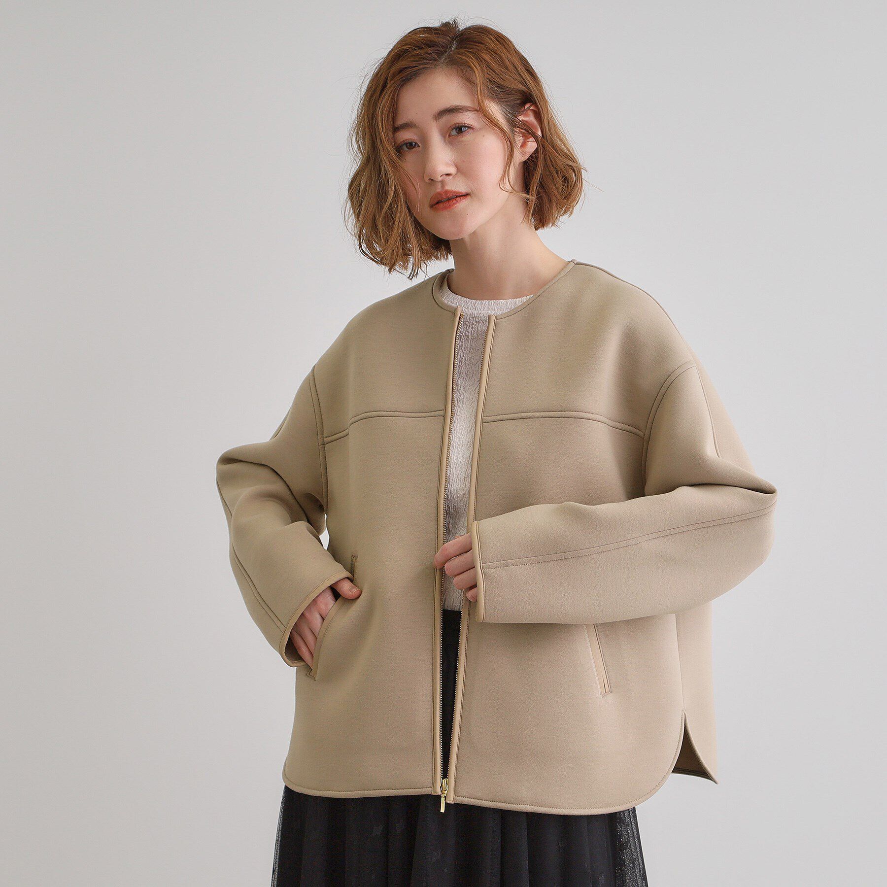 grove「ダンボールジャージパイピングブルゾン」|ブルゾン・スタジャン|トープ(054)