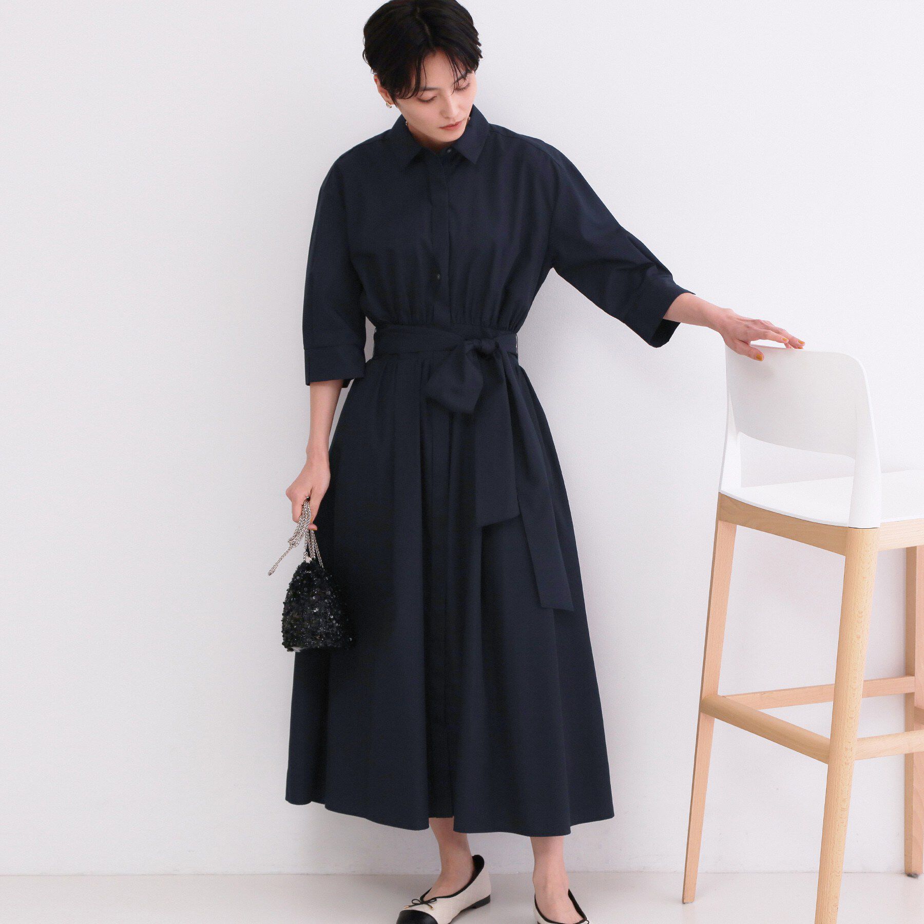 OPAQUE.CLIP「サッシュリボンベルト付きフレアシャツワンピース【洗濯機OK/防シワ加工】」|ワンピース|