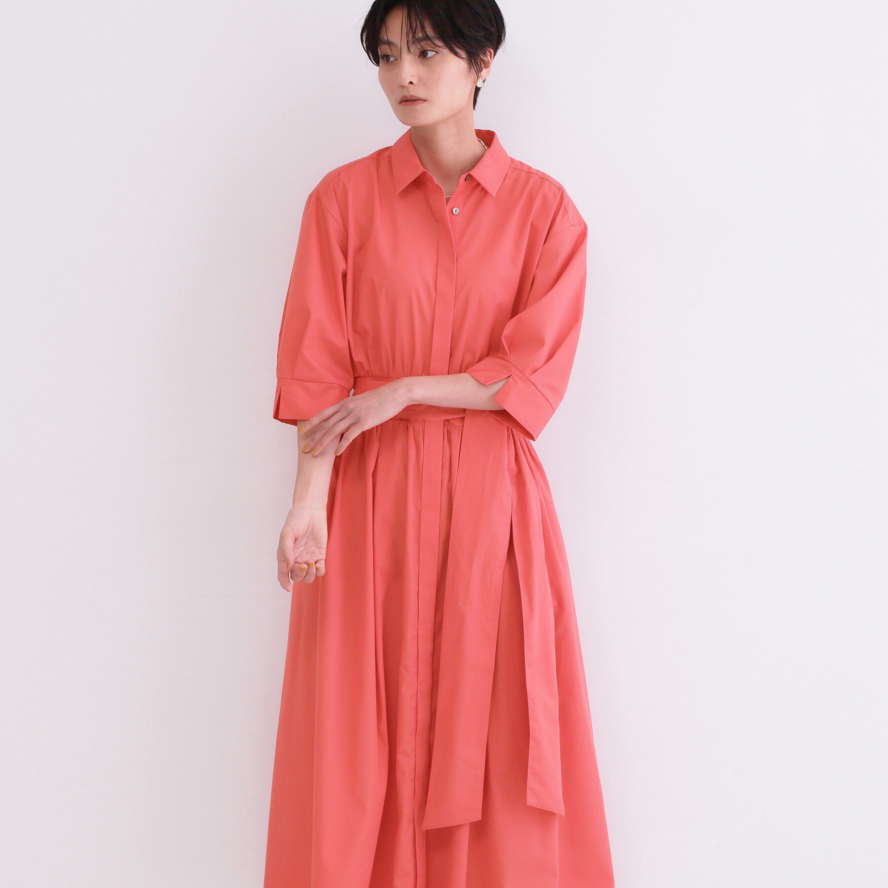 OPAQUE.CLIP「サッシュリボンベルト付きフレアシャツワンピース【洗濯機OK/防シワ加工】」|ワンピース|