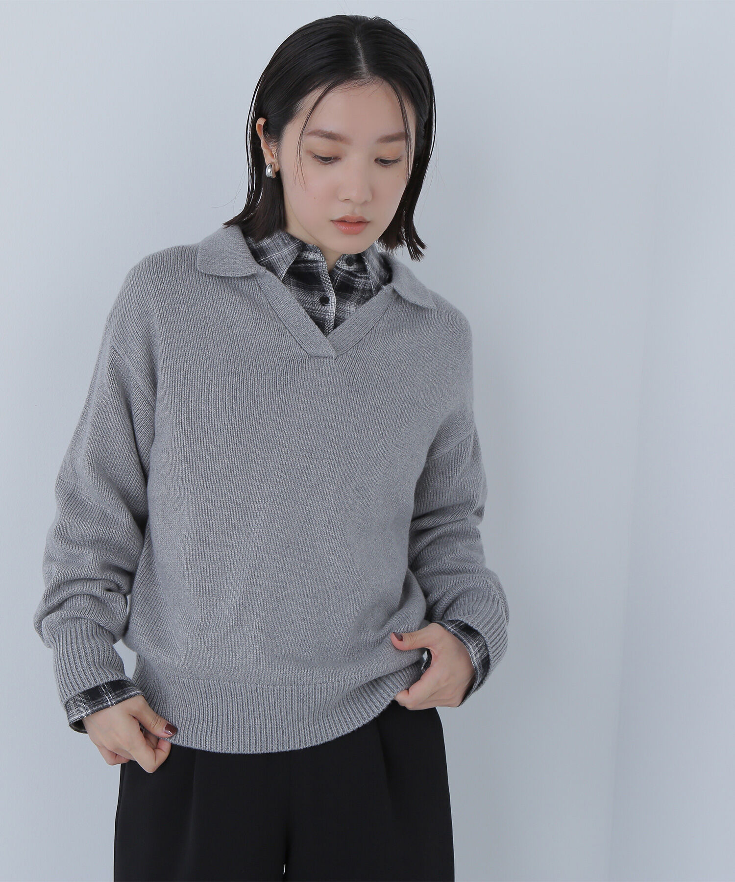  「スキッパーポロニット」|ニット・セーター|グレー