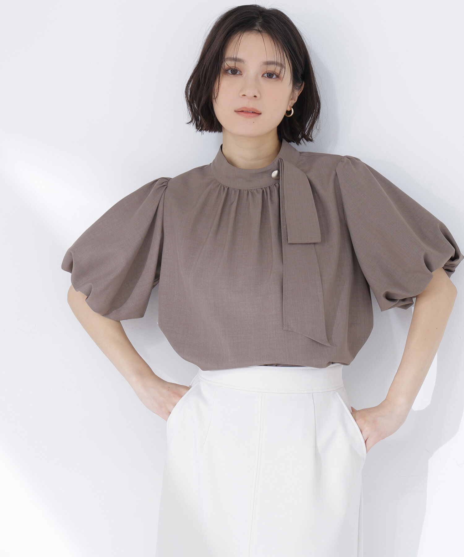  「リネンライクサイドタイブラウス」|シャツ・ブラウス|ブラウン