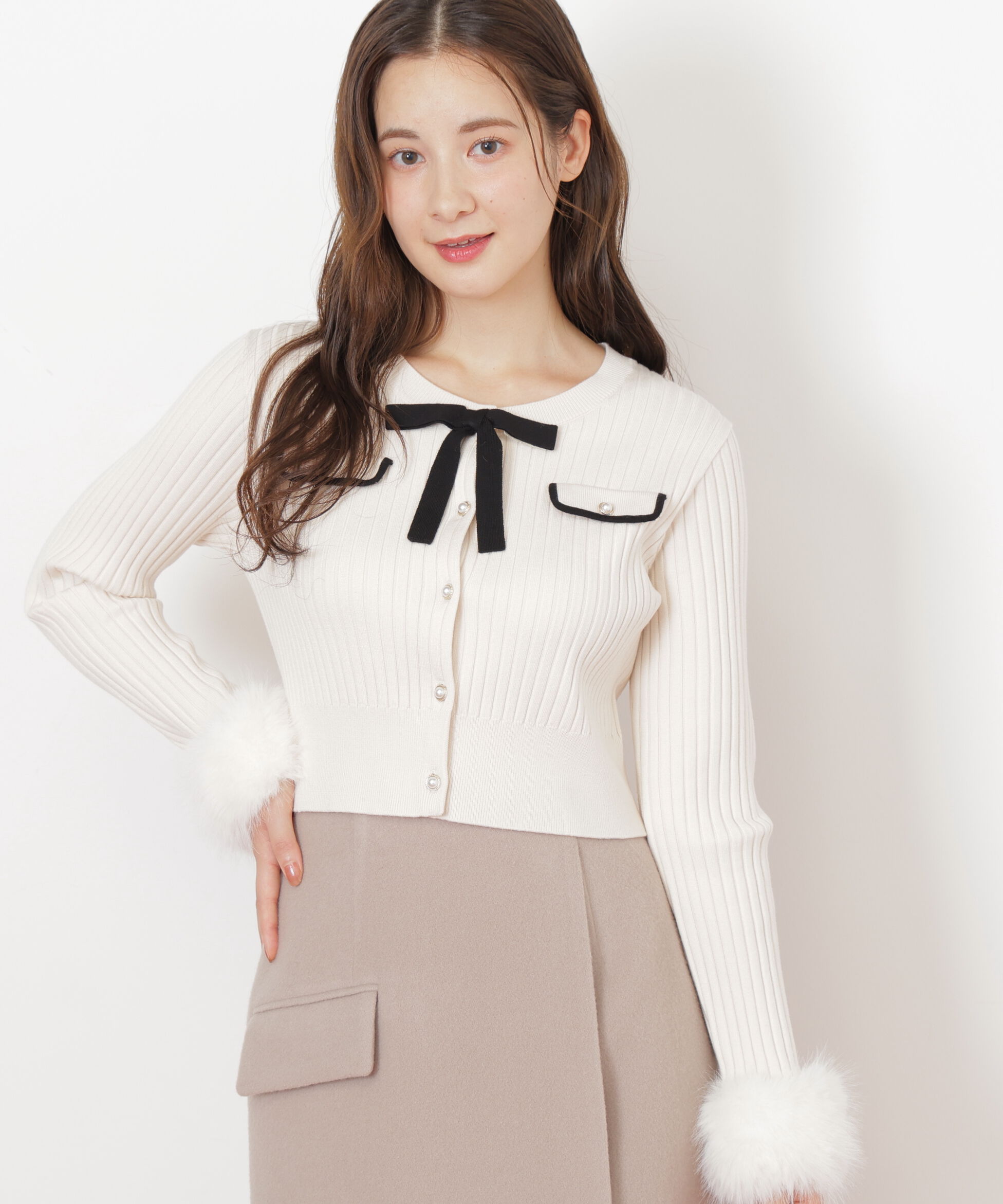  「袖フェイクファーカーデトップス」|ニット・セーター|