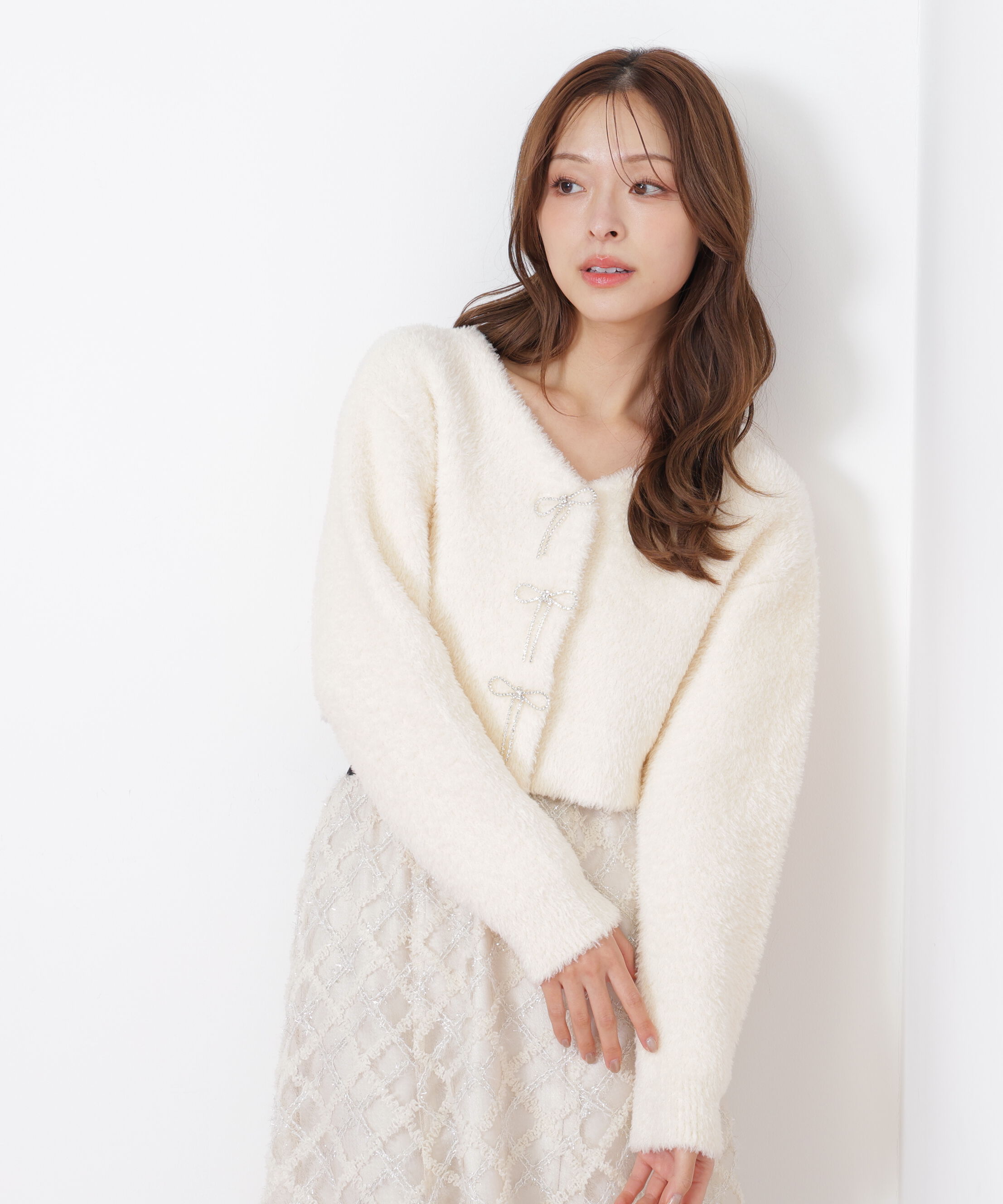  「リボンビジューフェザーカーディガン」|ニット・セーター|