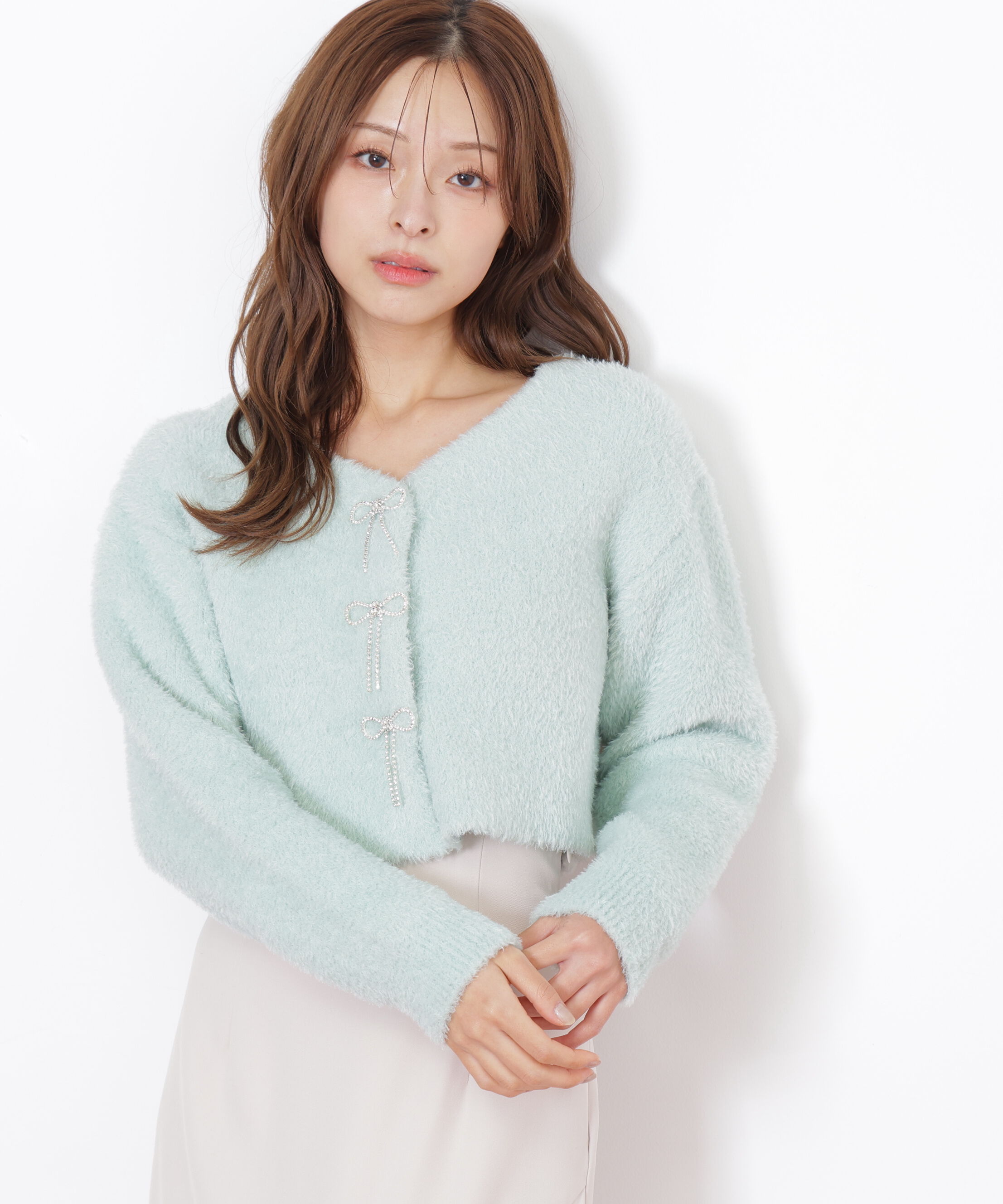  「リボンビジューフェザーカーディガン」|ニット・セーター|グリーン