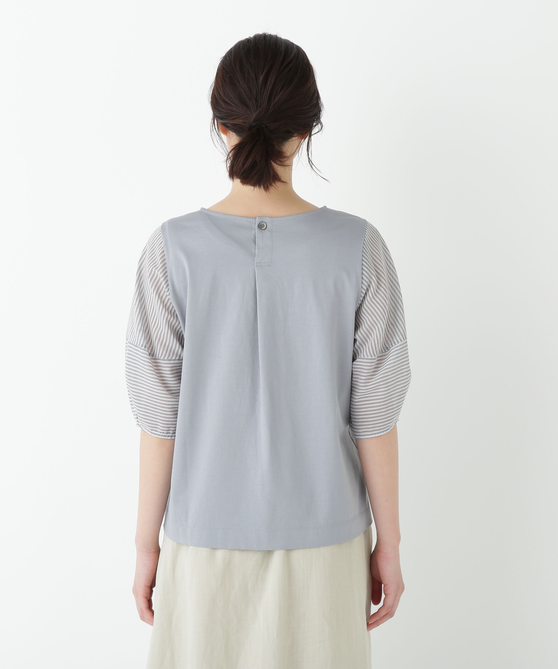  「◆シアーストライプドッキングＶネックカットソープルオーバー」|Tシャツ・カットソー|