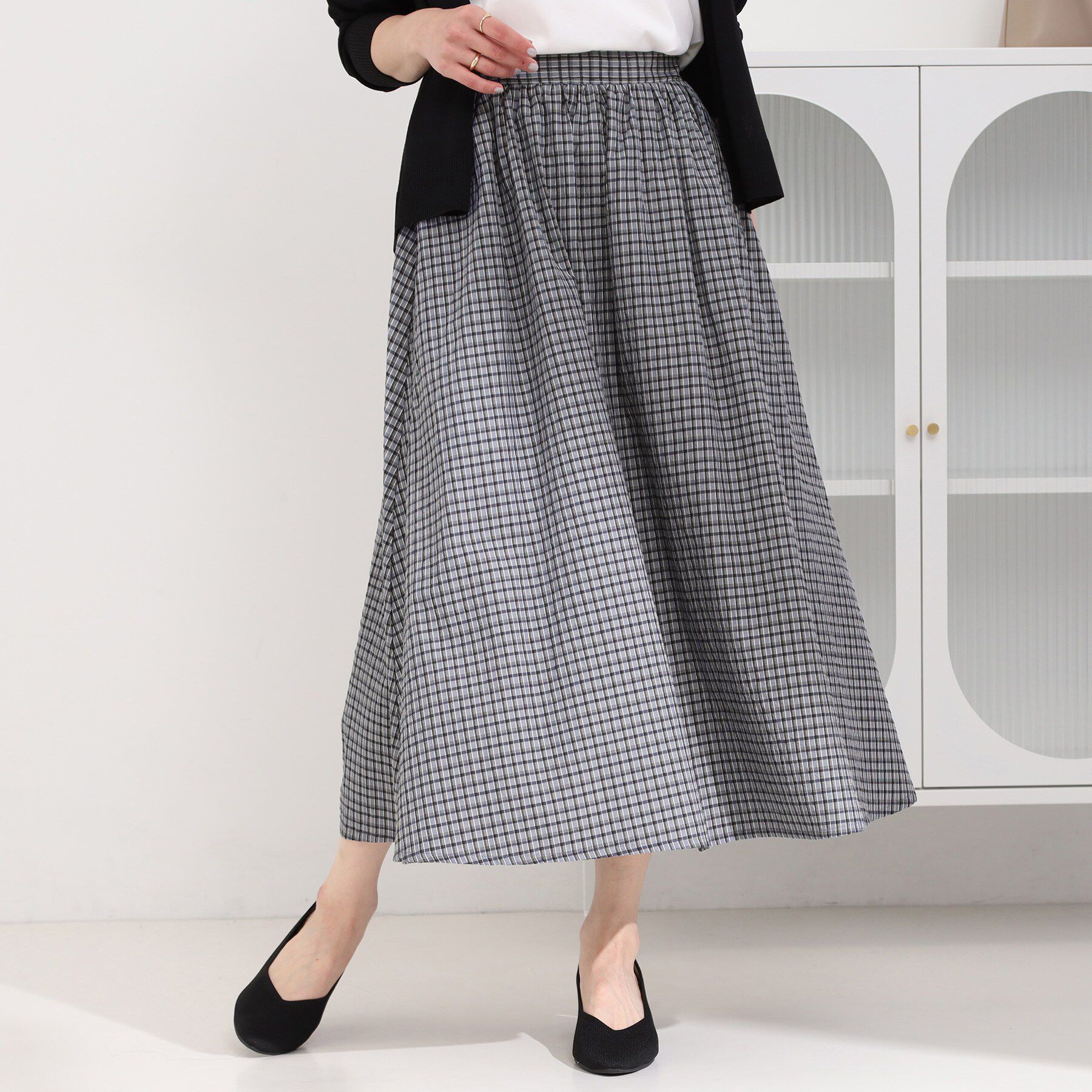 SHOO･LA･RUE「サッカーチェックフレアスカート」|スカート|チャコールグレー(2