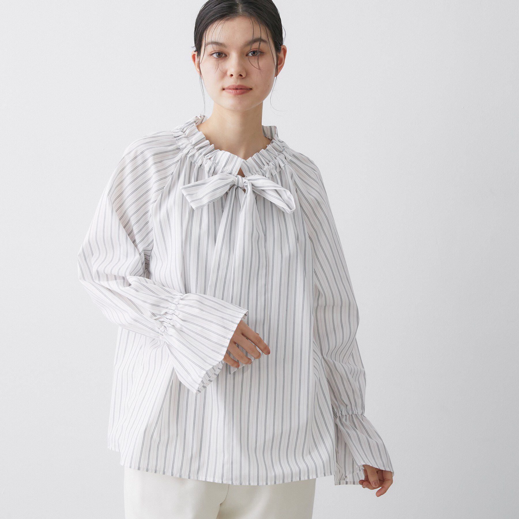Dessin「【洗える】フリルボウタイストライプブラウス」|シャツ・ブラウス|