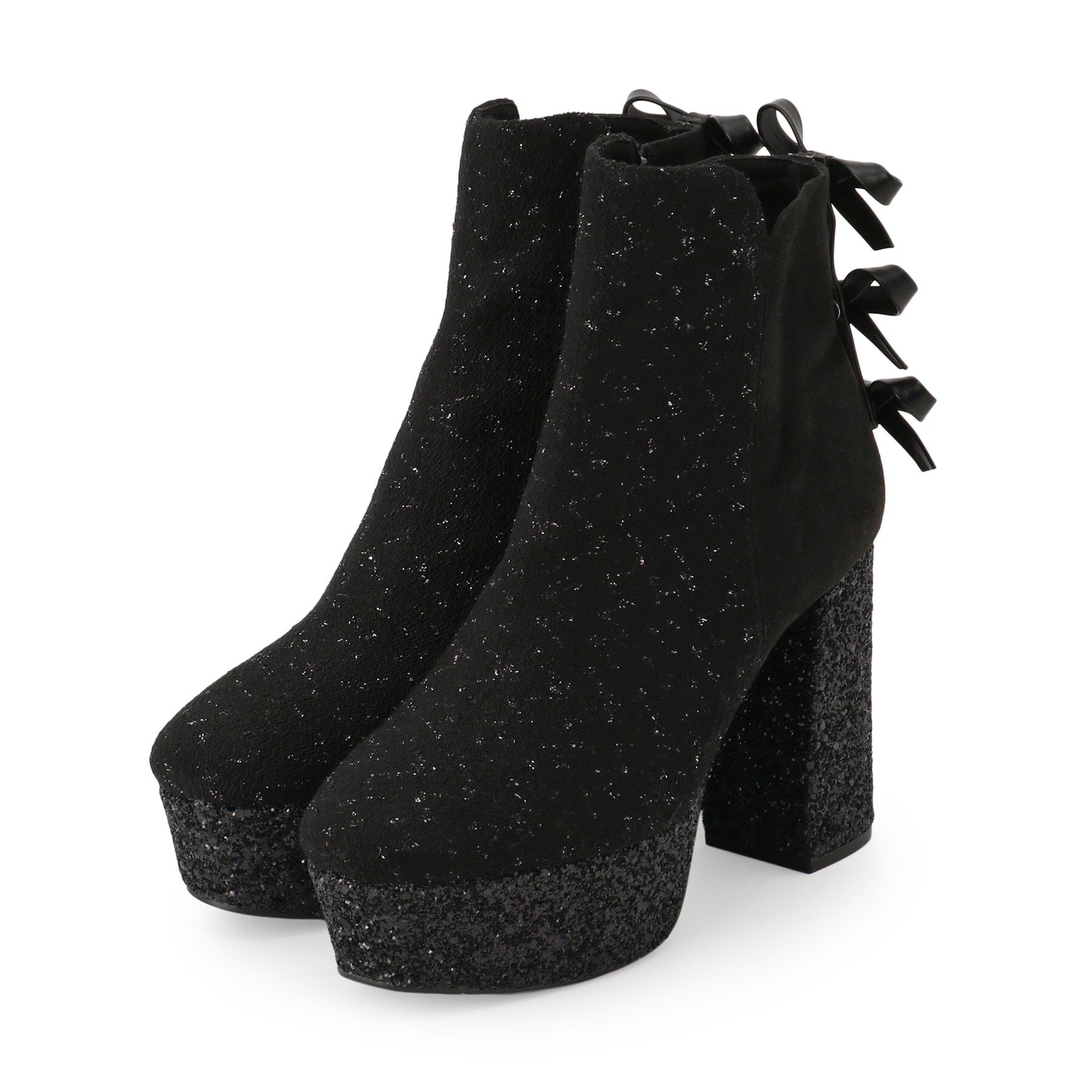 ESPERANZA「【ラク盛り/ショートブーツ】リピーター続出／脚長美脚 バックリボングリッターヒールショートブーツ」|ショートブーツ|