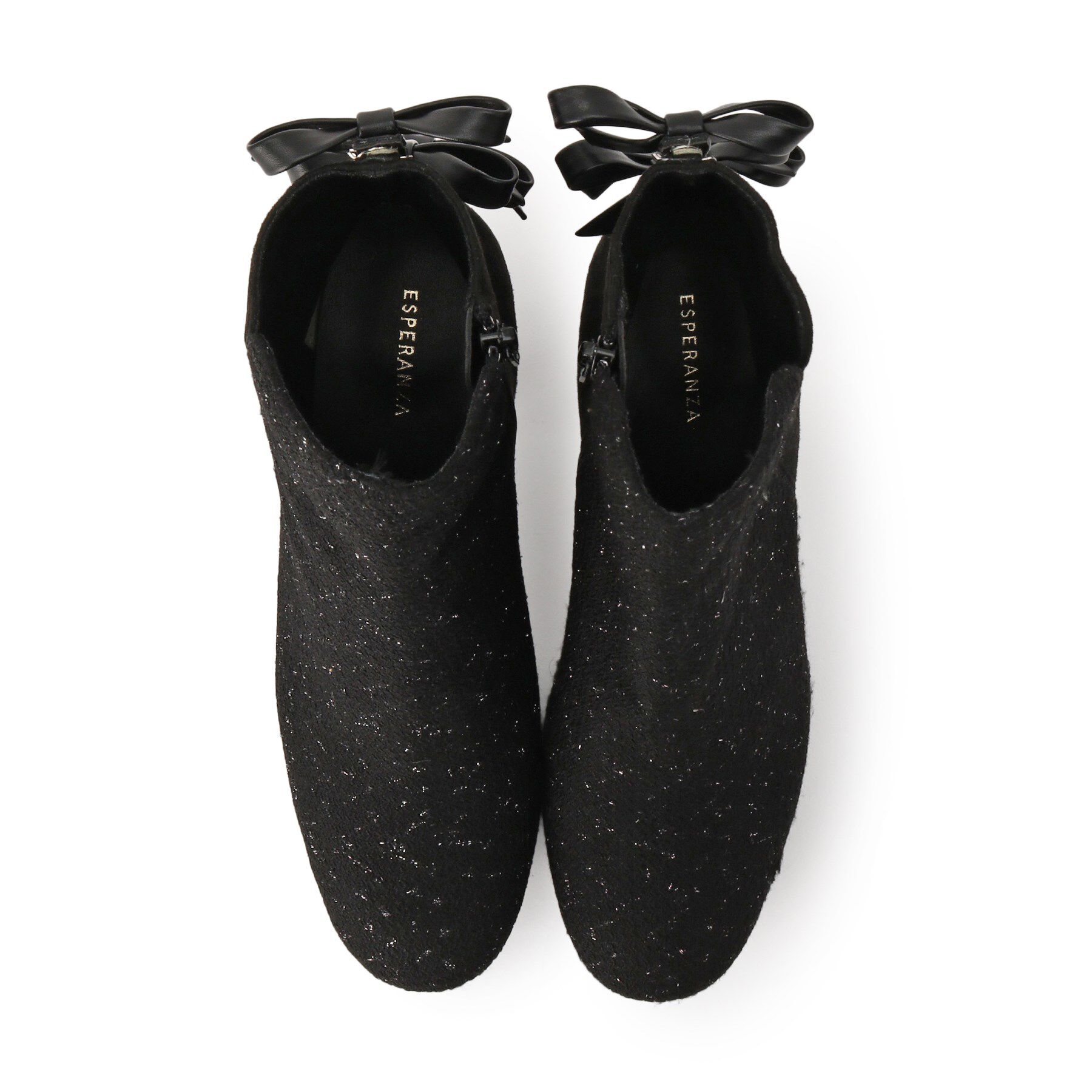 ESPERANZA「【ラク盛り/ショートブーツ】リピーター続出／脚長美脚 バックリボングリッターヒールショートブーツ」|ショートブーツ|