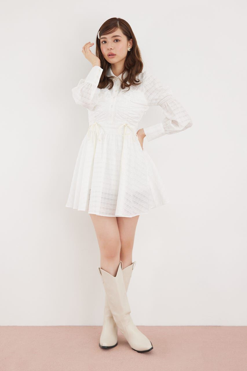 rienda「フロントシャーリングリボンミニシャツフレアワンピース」|ワンピース|WHT