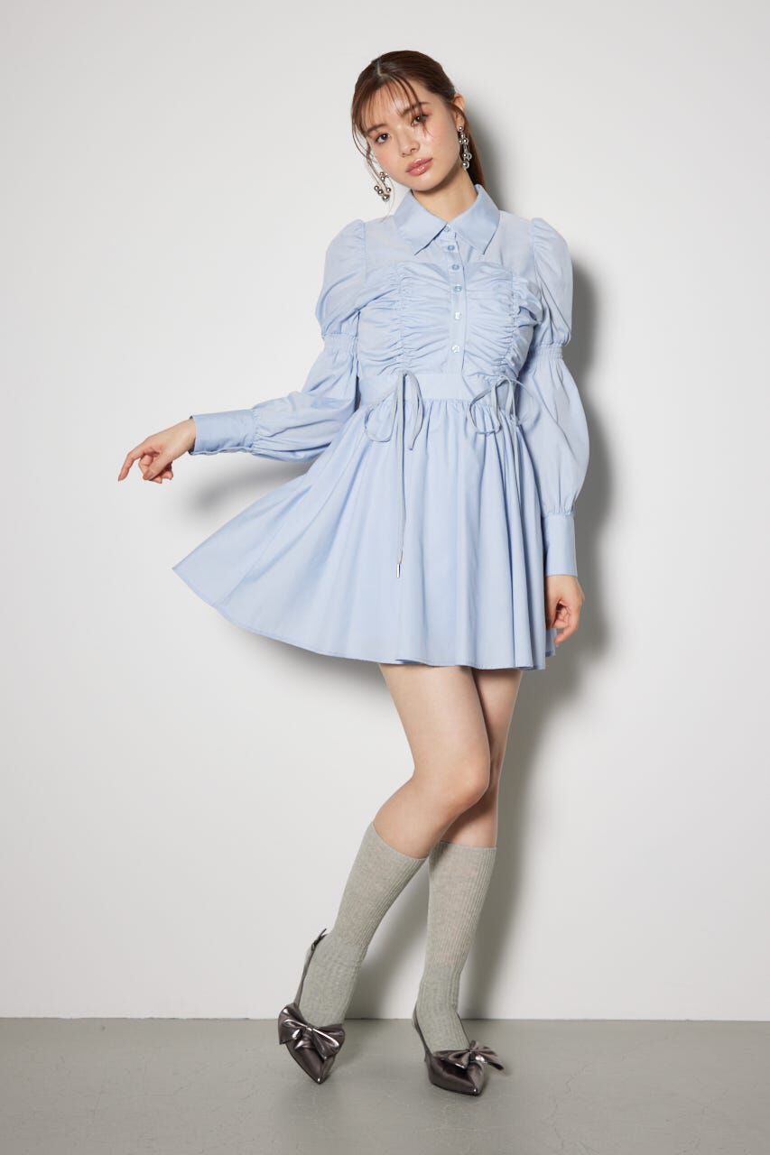 rienda「フロントシャーリングリボンミニシャツフレアワンピース」|ワンピース|