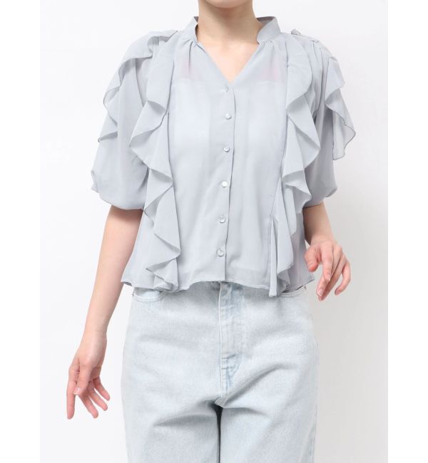 MERCURYDUO「ラッフルオープンショルダーブラウス」|シャツ・ブラウス|グレー