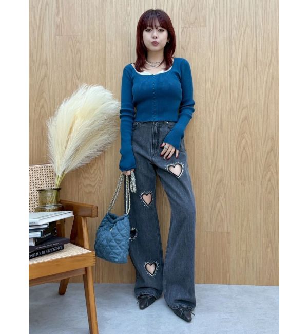EVRIS「ビジューハートカッティングワイドデニムパンツ」|デニム|