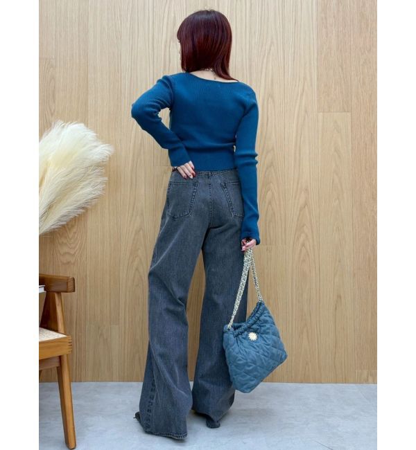 EVRIS「ビジューハートカッティングワイドデニムパンツ」|デニム|