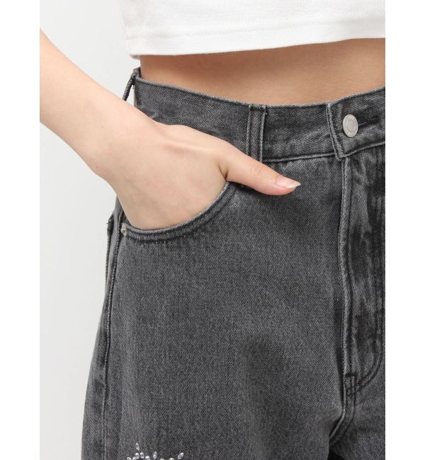 EVRIS「ビジューハートカッティングワイドデニムパンツ」|デニム|