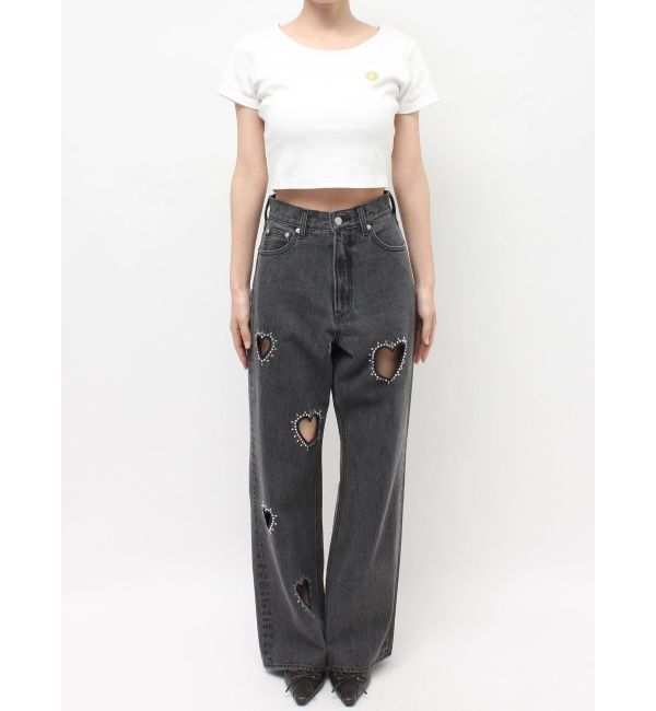 EVRIS「ビジューハートカッティングワイドデニムパンツ」|デニム|