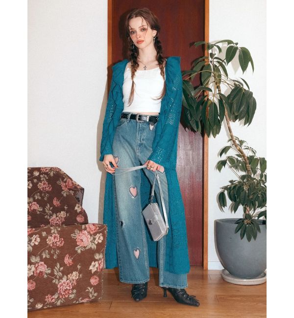 EVRIS「ビジューハートカッティングワイドデニムパンツ」|デニム|