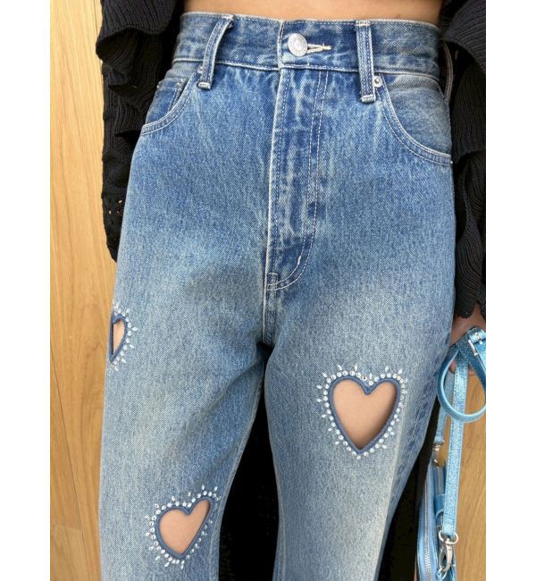 EVRIS「ビジューハートカッティングワイドデニムパンツ」|デニム|