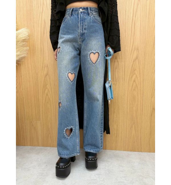 EVRIS「ビジューハートカッティングワイドデニムパンツ」|デニム|