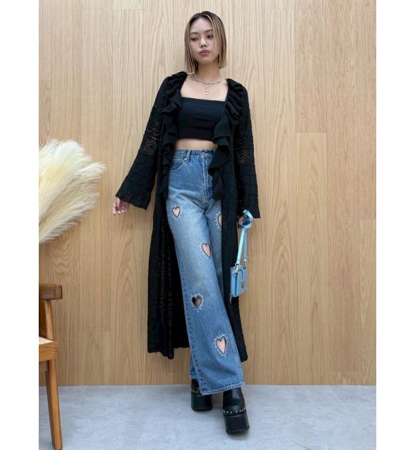 EVRIS「ビジューハートカッティングワイドデニムパンツ」|デニム|