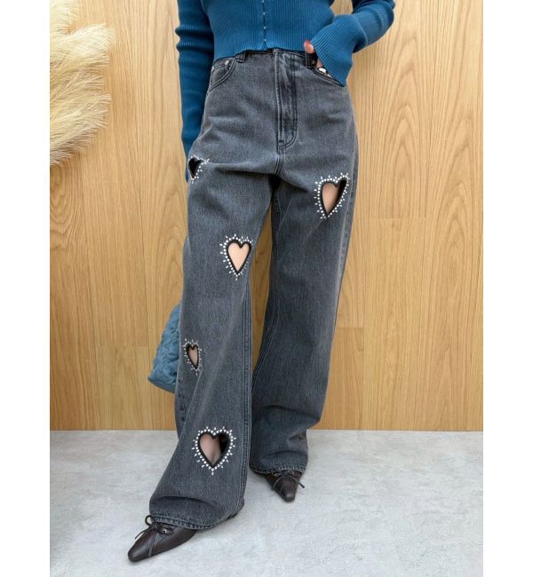 EVRIS「ビジューハートカッティングワイドデニムパンツ」|デニム|