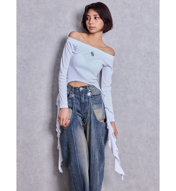 GYDA「GG SIDE DRAPE EDGEオフショルトップス」|Tシャツ・カットソー|