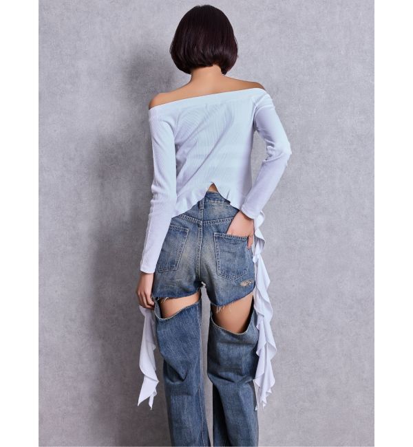 GYDA「GG SIDE DRAPE EDGEオフショルトップス」|Tシャツ・カットソー|