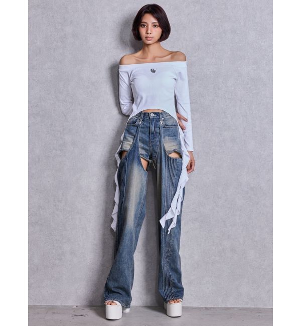 GYDA「GG SIDE DRAPE EDGEオフショルトップス」|Tシャツ・カットソー|