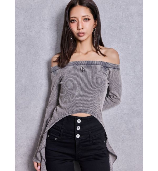 GYDA「GG SIDE DRAPE EDGEオフショルトップス」|Tシャツ・カットソー|チャコールグレー