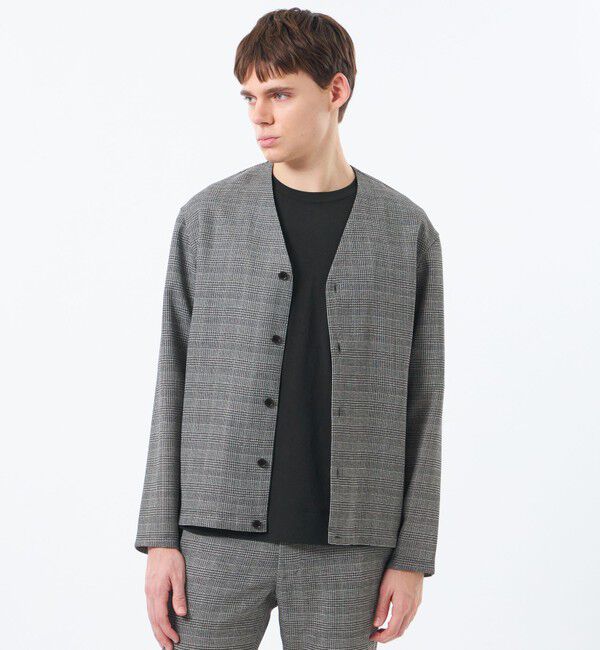 MACKINTOSH PHILOSOPHY「テーラードジャージー ノーカラーカーディガン 杢カラミストレッチ/チェック」|ブルゾン・スタジャン|チャコールグレー