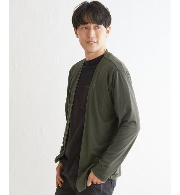 ikka「バイカラーボタンレスカーディガン」|カーディガン|オリーブ