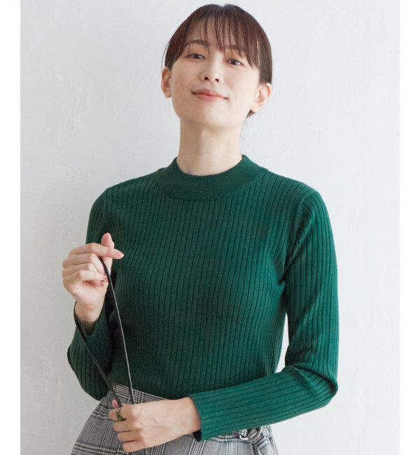 ikka「抗菌モックネックリブニット」|プルオーバー|グリーン