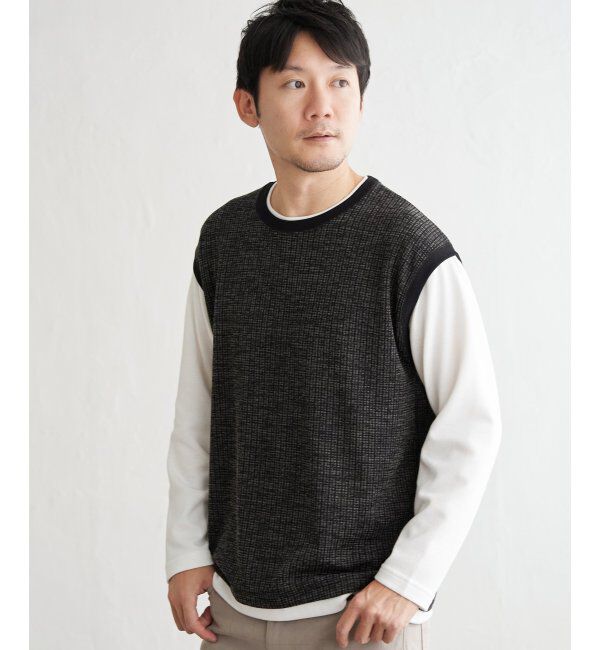 ikka「ビッグワッフルフェイクベストロンT」|Tシャツ・カットソー|ブラック