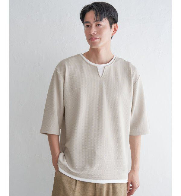 ikka「キーネックレイヤード7分袖Tシャツ」|Tシャツ・カットソー|グレージュ