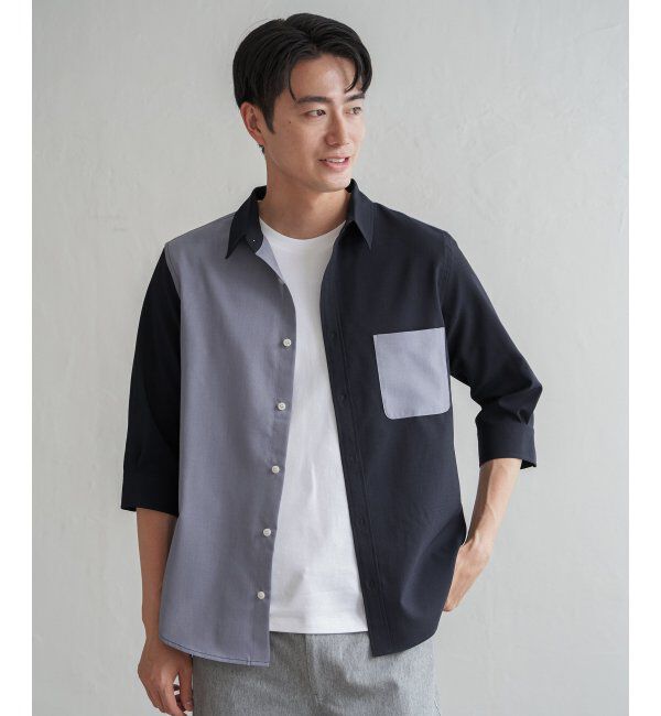 ikka「7分ブロックスドライタッチシャツ」|シャツ・ブラウス|ネイビーブルー