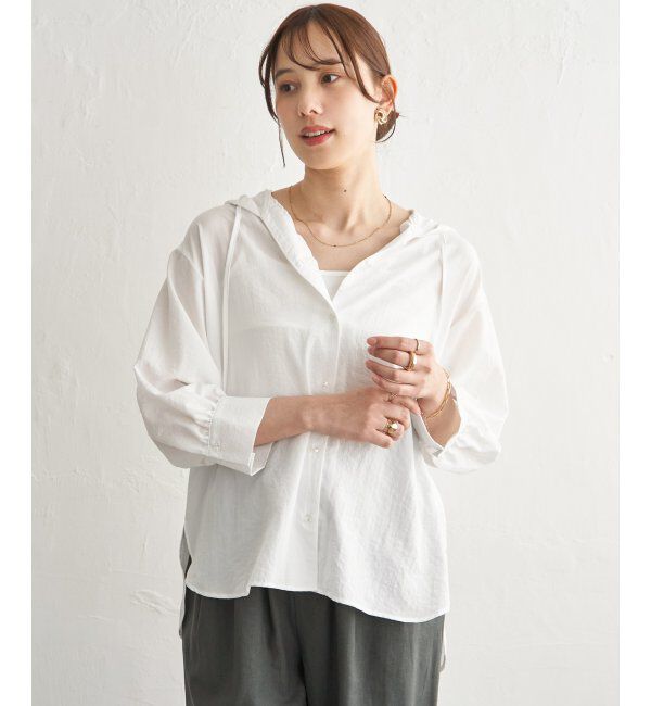 ikka「【接触冷感／UVカット】シアー7分袖フードシャツ」|シャツ・ブラウス|オフホワイト
