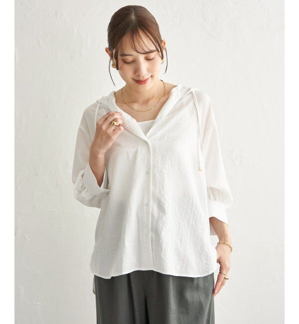 ikka「【接触冷感／UVカット】シアー7分袖フードシャツ」|シャツ・ブラウス|