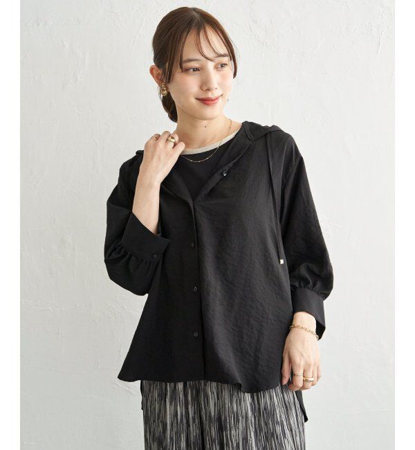 ikka「【接触冷感／UVカット】シアー7分袖フードシャツ」|シャツ・ブラウス|ブラック