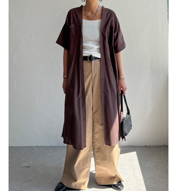 Lbc with Life「ダブルポケットVネックシャツワンピース」|ワンピース|ブラウン