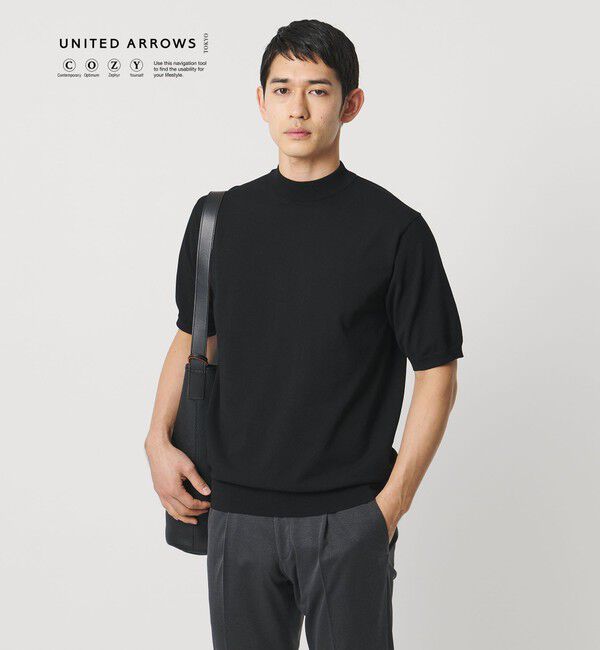 UNITED ARROWS「ショートスリーブ モックネック ニット UA COZY ウォッシャブル 抗菌防臭」|ニット・セーター|BLACK