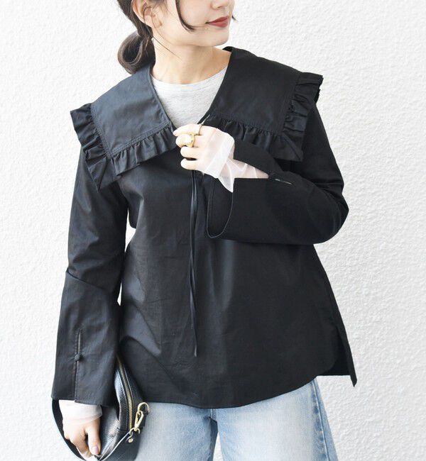 SHIPS any「SHIPS any:〈洗濯機可能〉コットン サテン フリル カラー ブラウス」|シャツ・ブラウス|