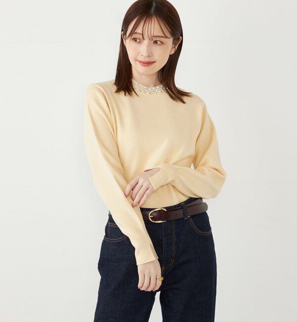 SHIPS Colors 「SHIPS Colors:〈手洗い可能〉ビジュー ネック ニット」|ニット・セーター|ナチュラル