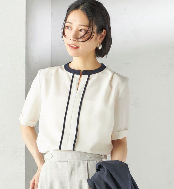 SHIPS for women「《一部追加予約》〈手洗い可能〉パイピング キーネック 半袖 ブラウス」|シャツ・ブラウス|オフホワイト