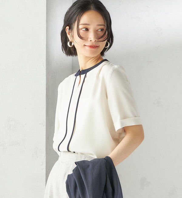 SHIPS for women「《一部追加予約》〈手洗い可能〉パイピング キーネック 半袖 ブラウス」|シャツ・ブラウス|